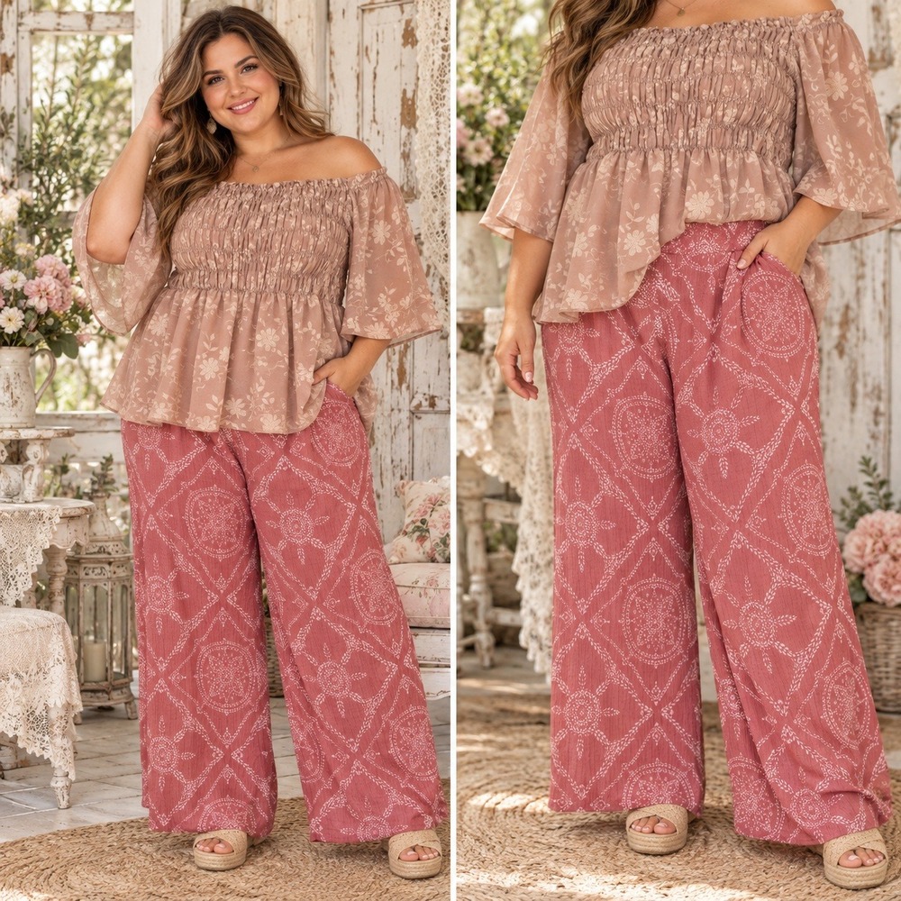 77. 3X SET Shabby Chic Boho Smocked off Shoulder Blouse and Wide Leg Pants